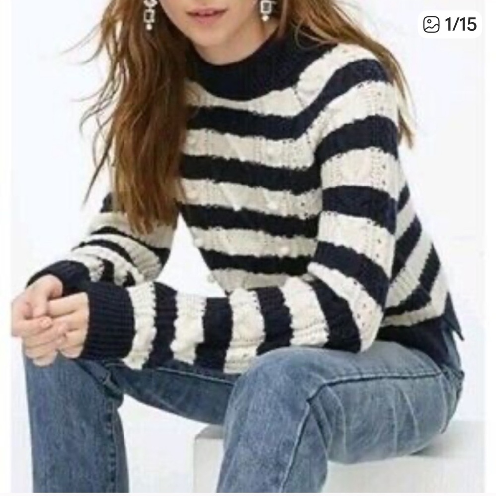 J Crew Cable Knit Pom Pom Striped Wool Blend Sweater Size Large